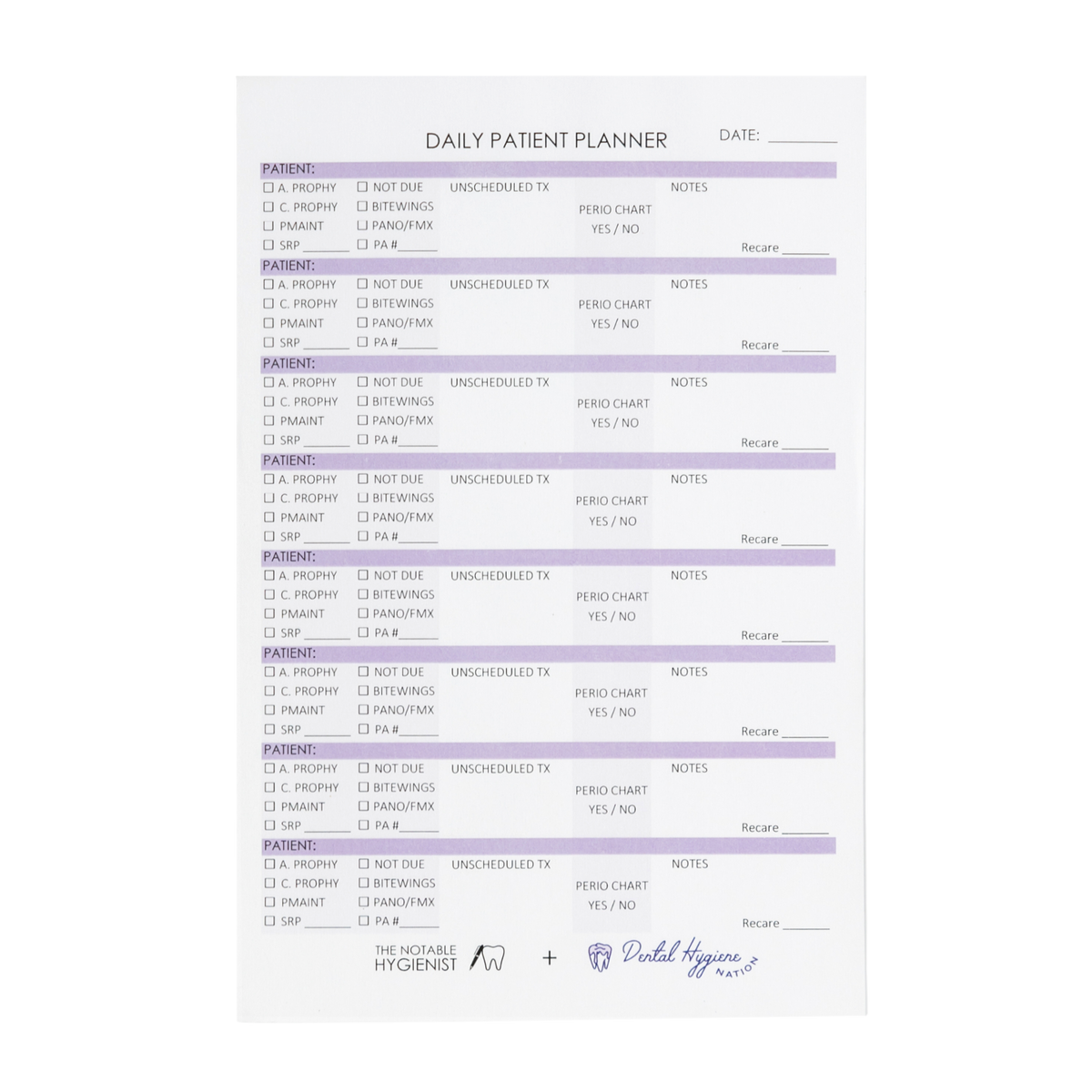 Daily Patient Planner Notepad SMALL Dental Hygiene Nation